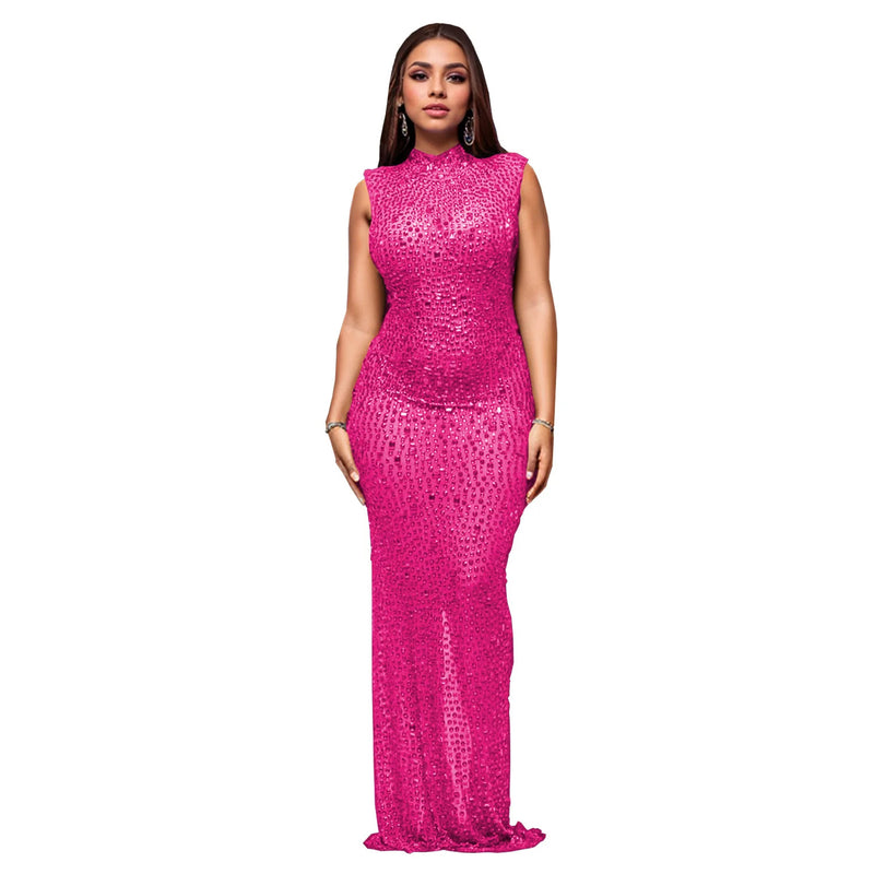 CM.YAYA 2024 Fall Diamonds Hot Rhinestones O-neck Women Sleeveless Bodycon Long Dress Birthday Party Evening Prom Maxi Dresses