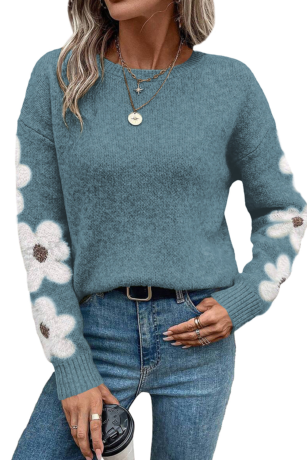 Dusk Blue Flower Sleeve Drop Shoulder Sweater