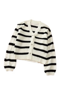 Striped V-Neck Buttoned Open Front Knitted Sweater