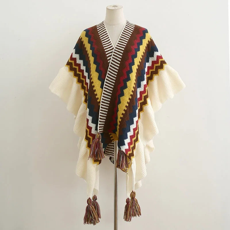 Women Ethnic Style Poncho Capes Ladies Fashion Stripe Colorful Knit Oversized Poncho Wrap Fringed Shawl Bohemian