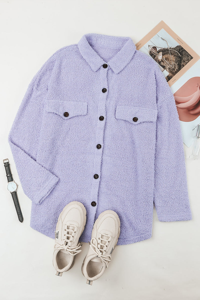 Purple Plush Button Down Pocketed Shirt Jacket