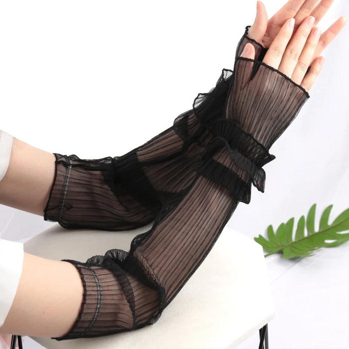 Women Summer Long Sun-protective Sleeve Sweet Fingerless Gloves Breathable Arm Warmer Lady Thin Lace Cuffs Sunscreen Uv Mittens