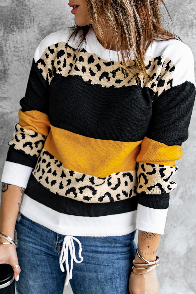 Crewneck Leopard Color Block Knit Pullover Sweater