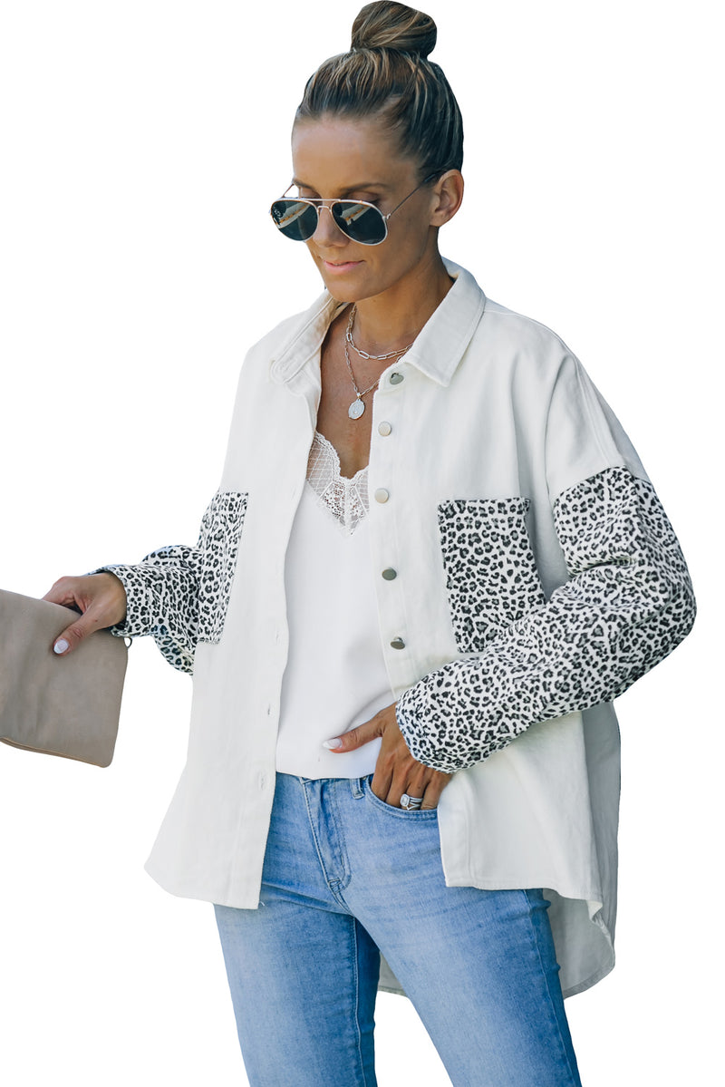 White Contrast Leopard Denim Jacket