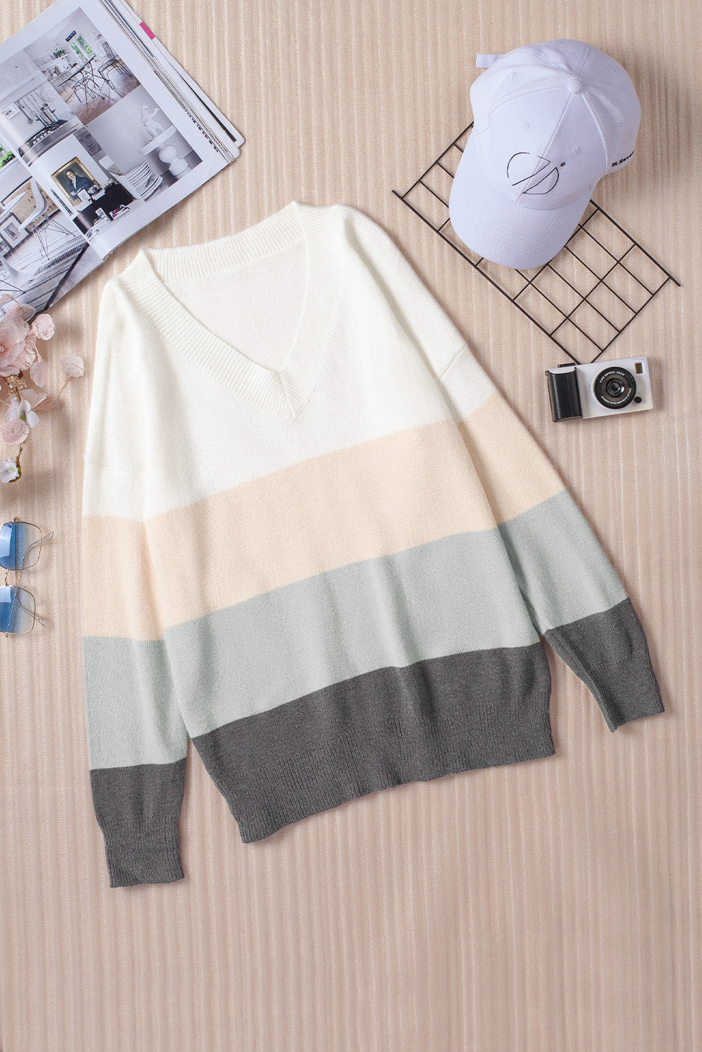 Colorblock V Neck Pullover Sweater