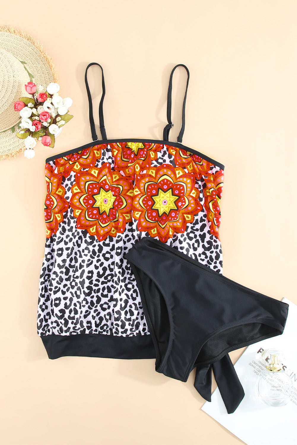 Retro Floral Leopard Pattern Strapless Tankini Set