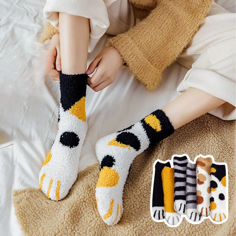 Women Winter Warm Fluffy Socks Cute Animal Claw Cat Paw Footprint Fuzzy Socks Female Thick Coral Fleece Home Floor Sleep Socks