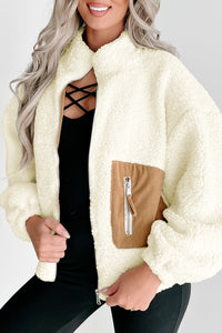 Bright White Contrast Patched Pocket Zipped Sherpa Jacket