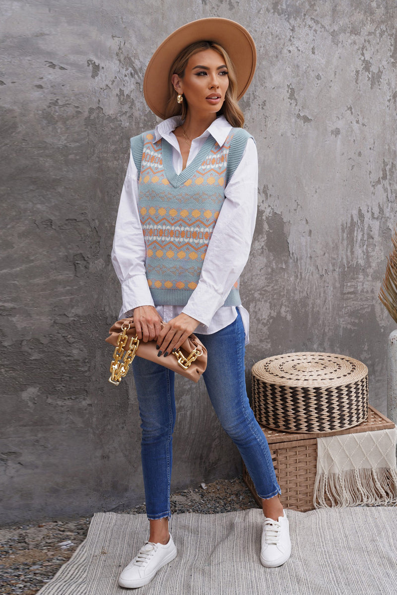 Sky Blue Tribal Print V Neck Knitted Sweater Vest