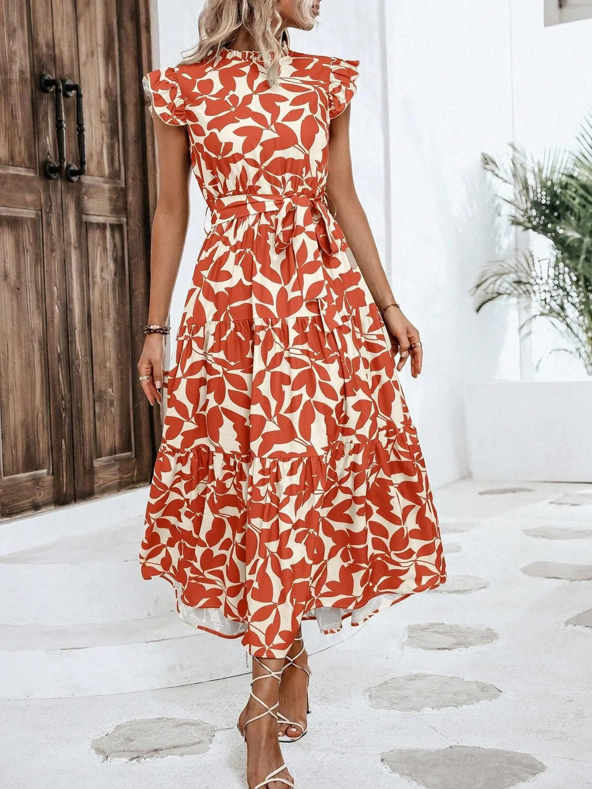 Elegant Women's Flower Midi Dress New Summer Fashion Stand Collar Flying Sleevel Lace Up Dress Casual Beach Holiday Dresses Robe