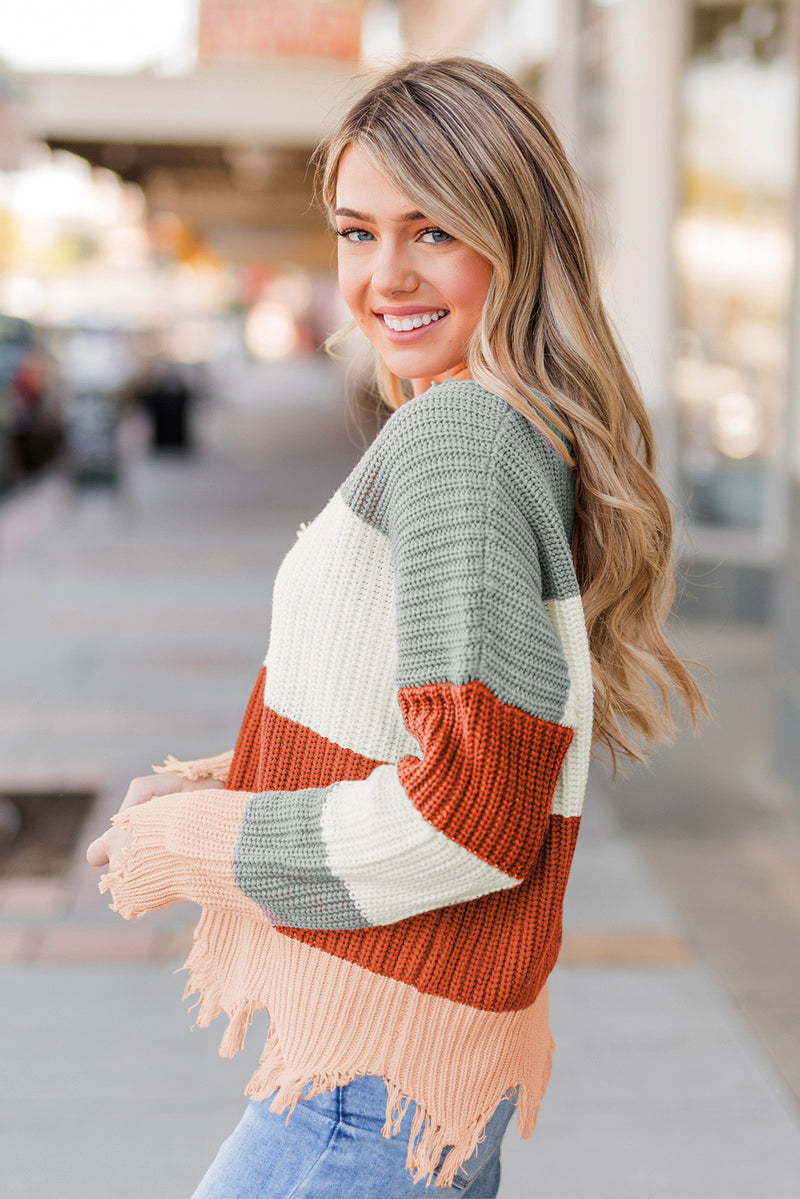 Gray Colorblock Distressed Sweater