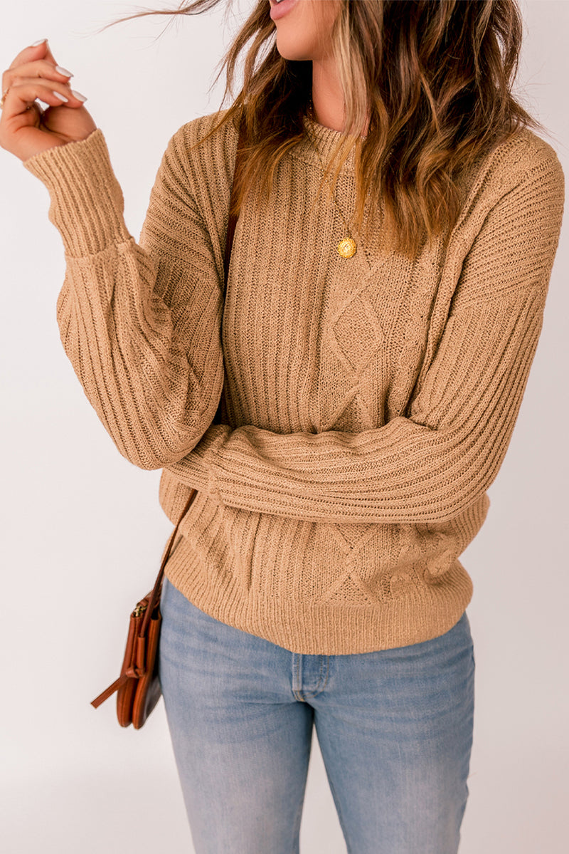 Khaki Multiple Pattern Knit Drop Shoulder Sweater