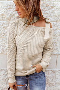 Green Strapped Cut out Shoulder Turtleneck Sweater