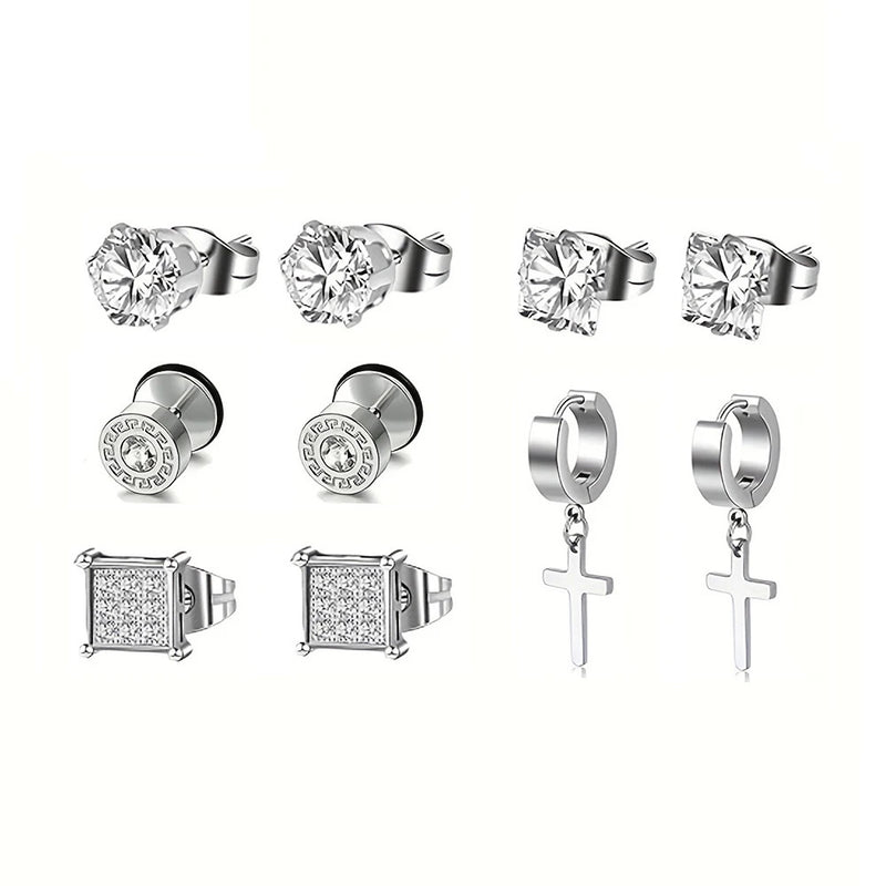 15 Pairs Stainless Steel Earrings Cross Dangle Hinged Earrings, Cubic Zirconia Stud Earrings For Men, Ear Piercing Jewelry