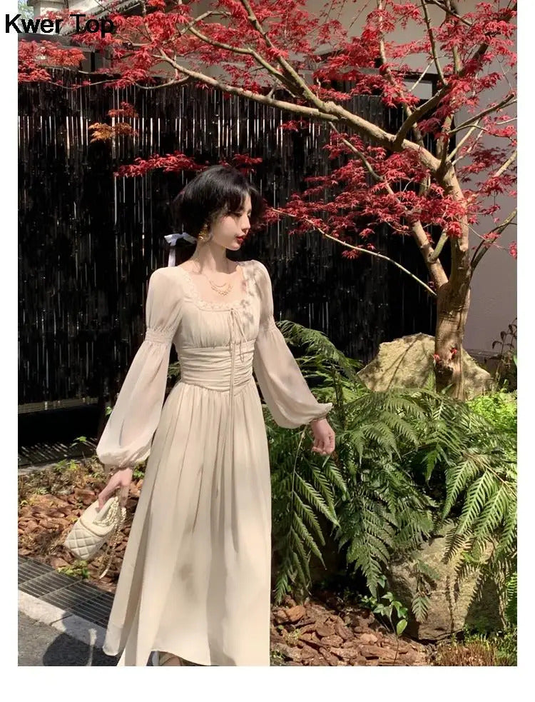 French Elegant Princess Evening Party Midi Dresses for Women Autumn Slim Bandage Long Sleeve Vestidos Korean Spring Clothes