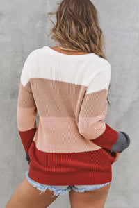 Chestnut Color Block Knitted O-neck Pullover Sweater