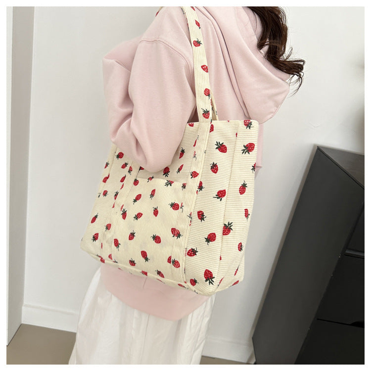 Corduroy Handbag Strawberries Beach Bag Fashionable Versatile Shoulder Bag LargeCapacity Simple Commuter Women's Tote Bag Bolsos