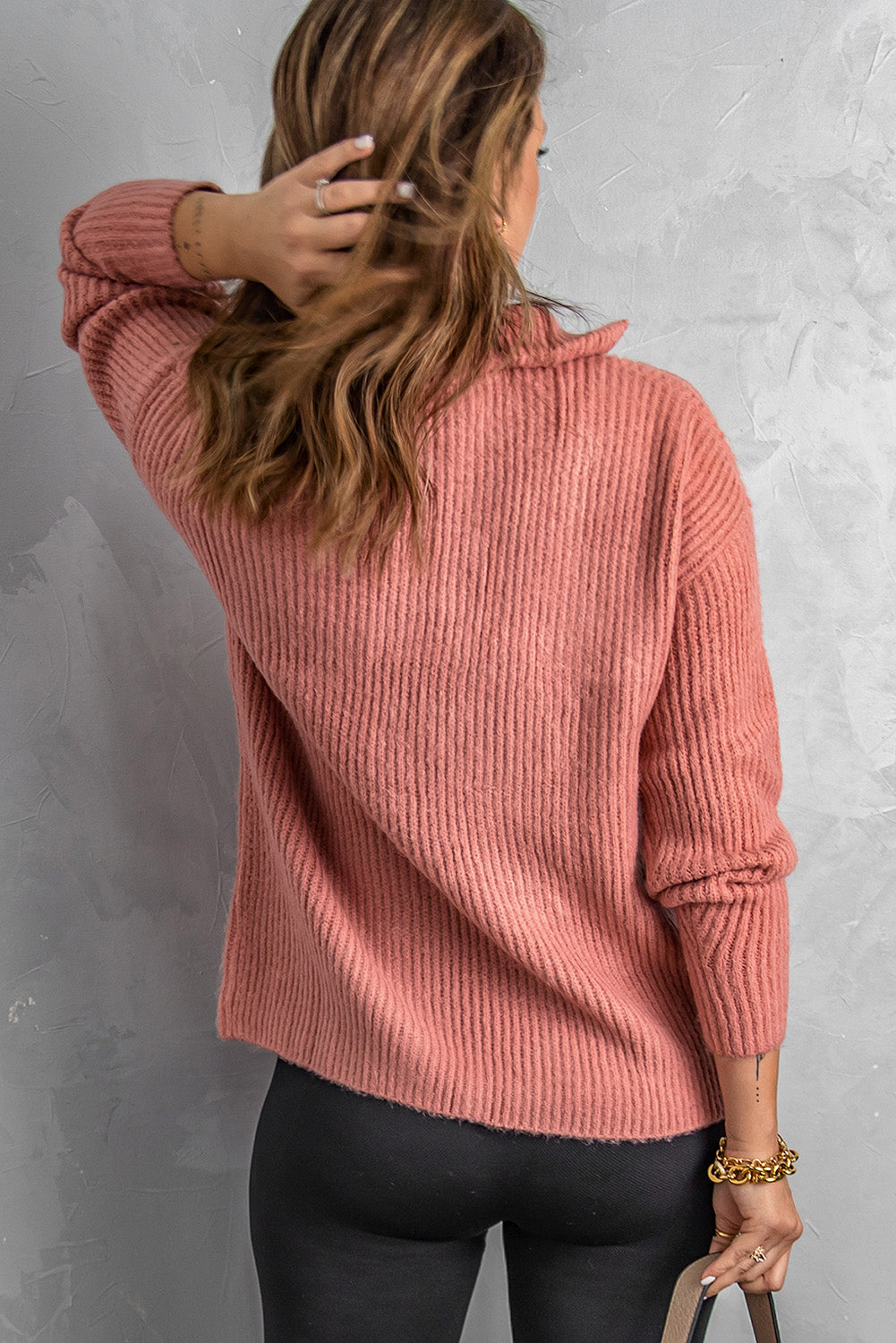 Pink Zip Neck Knitted Sweater