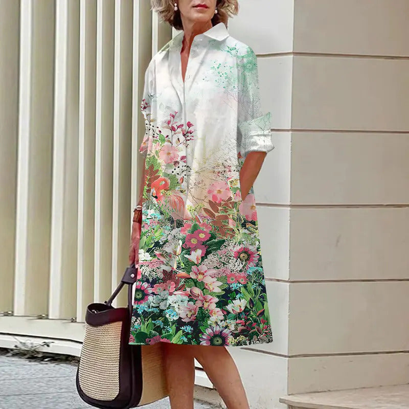 Floral Pattern Shirt Dress Elegant Women's Summer Casual Lapel Long Sleeve Midi Dress High Temperament Fashion Street Shirt