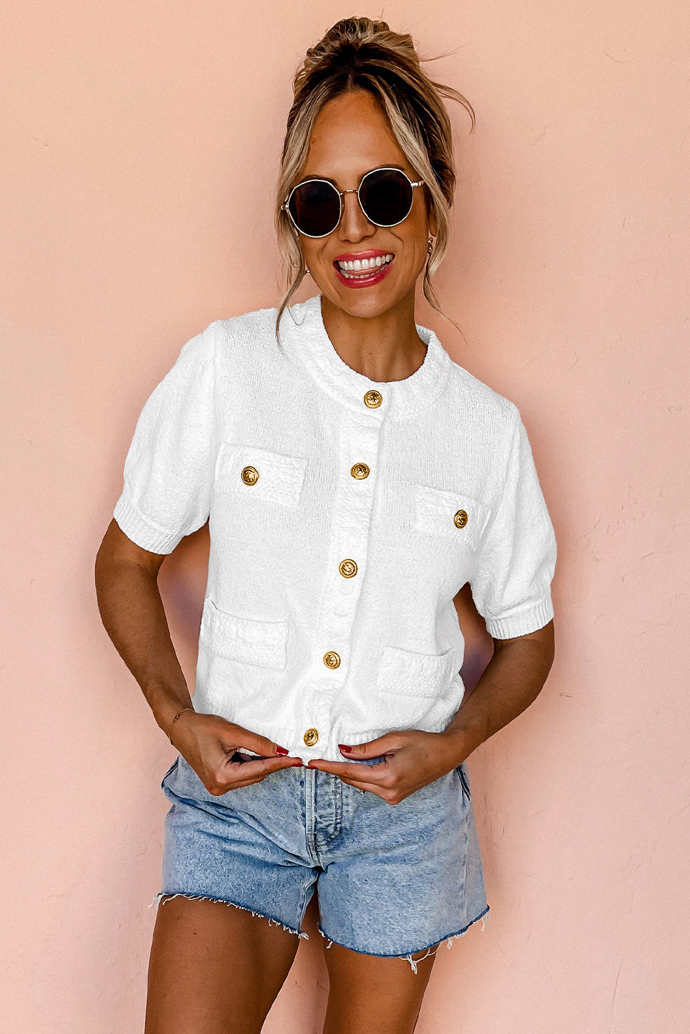 White Gold Buttons Textured Sweater T Shirt