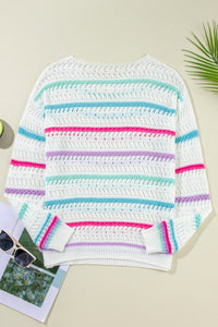 White Striped Hollowed Crochet Loose Fit Sweater