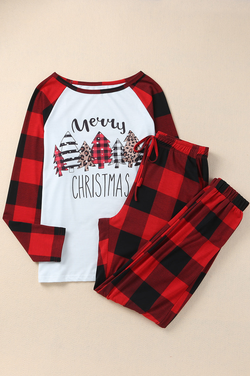 Fiery Red Plaid Merry Christmas Graphic Loungewear Set