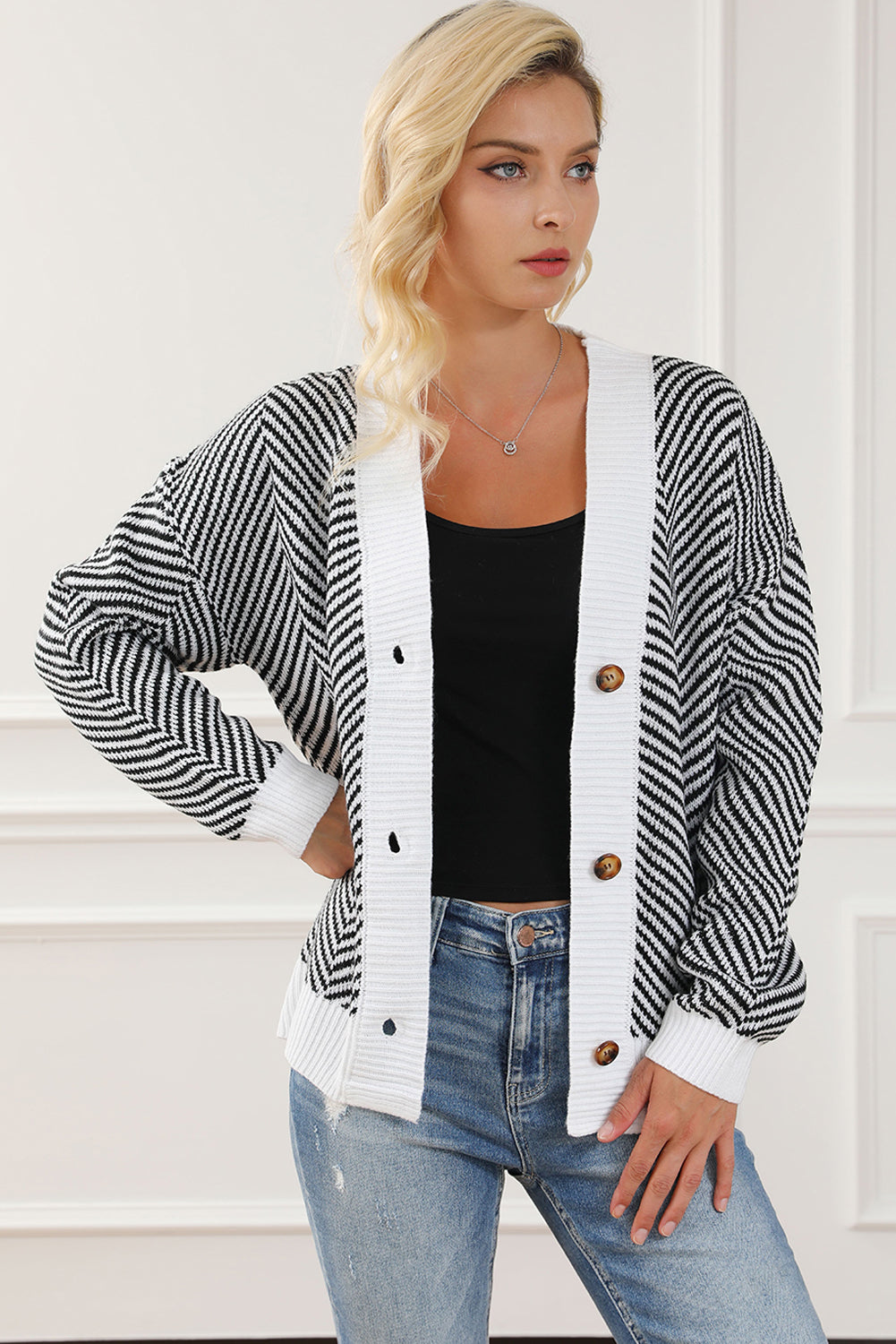 Black Zig Zag Stripe Buttoned Sweater Cardigan