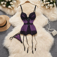 Hot Sexy V-Neck Cross Strap Dress Lace Patchwork Irregular Pleated Nightwear Women's Erotic Lingerie Backless Sleeveless Pajamas