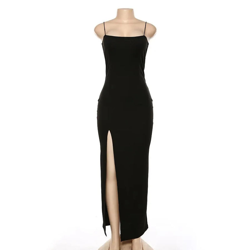 2024 Women's Sexy Sleeveless Slit Black Dress Summer High Waist Open Back Slim Fit Long Party Club Slip Dress