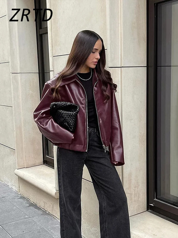 Elegant Burgundy Faux Leather Jackets Women Fashion Lapel Zipper Long Sleeve Female Coats 2024 Autumn Winter Lady Street Outwear