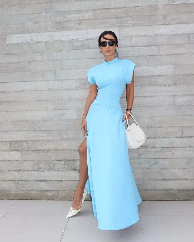 Chic Shoulder Pad Round Neck Solid Maxi Dress Women Elegant Sleeveless A-line Long Dresses 2024 Lady Fashion High Street Robes