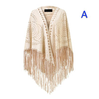 Women's Loose Suede Fringe Open Poncho Cloak Shawl Wrap with Punch Hole Patterns and Graceful Fringes Dropshipping