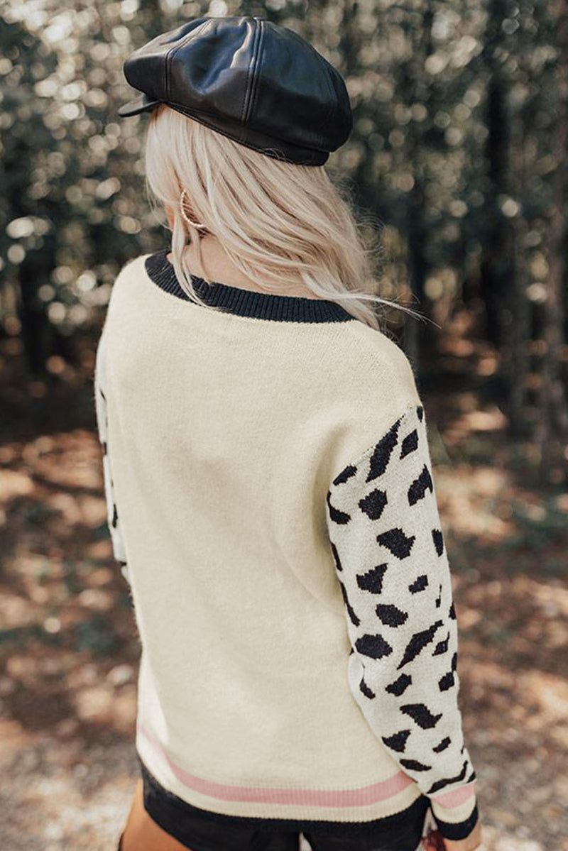 White Leopard Sleeves Contrast Neckline Drop Shoulder Sweater