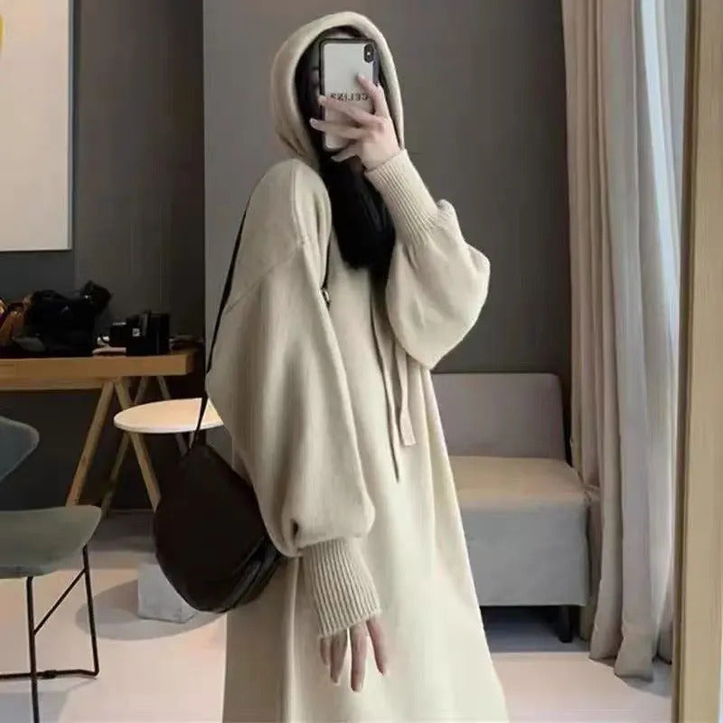 Mid-Length Hood Knitted dress Women 2024 New Autumn and Winter Idle Sle Loose Thickened Sweater Dress Base Women