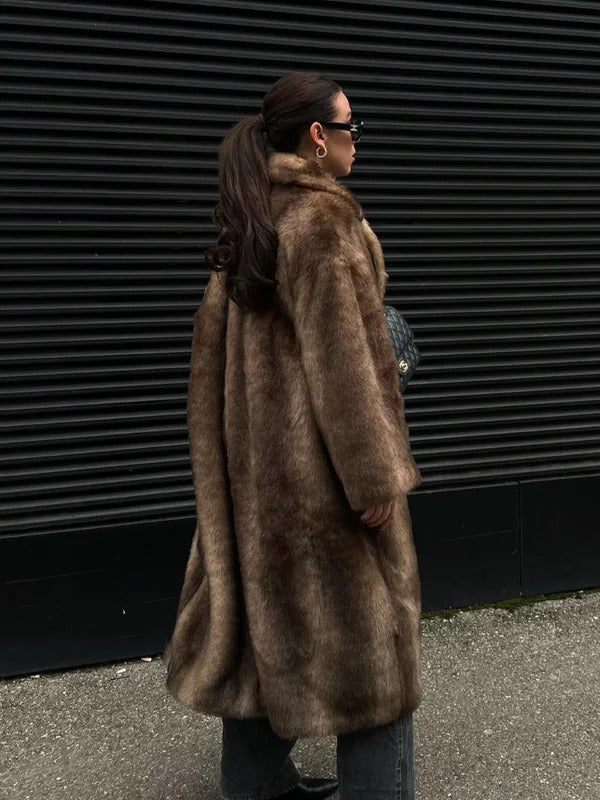 Women's Dark Brown Faux Fur Warm Long Coat Single Breasted Oversized Thickened Overcoat Winter Fluffy Plush Female Outerwear