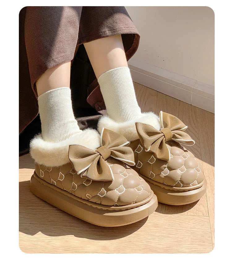 Platform Ankle Boots Female Bowknot Designer Winter Snow Booties Indoor Fluffy Slippers Women House Flats Fashion Footwear Warm