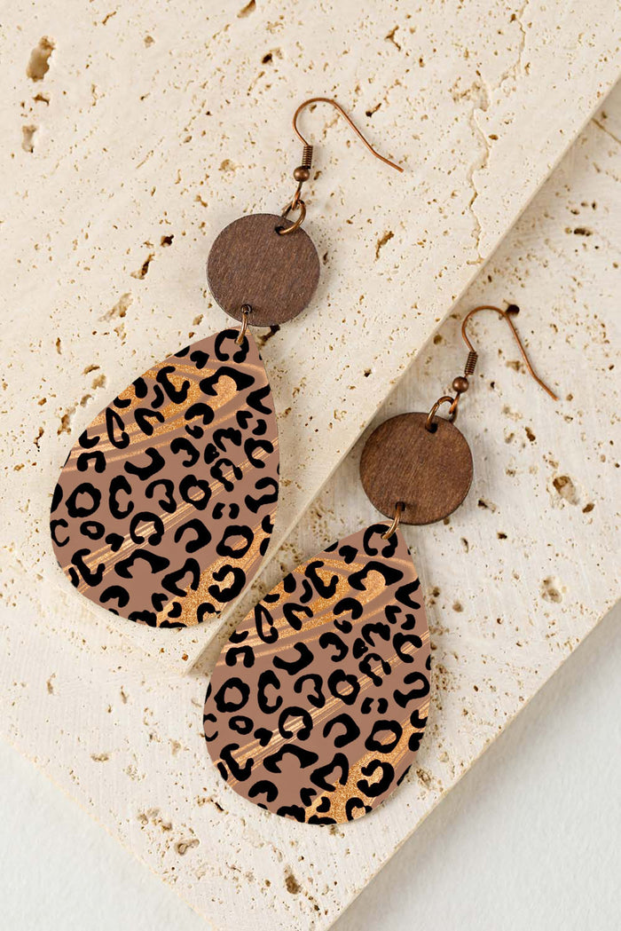 Chestnut Round Wood Leopard Print Drop Earrings