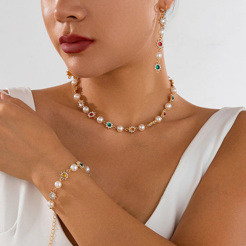 SHIXIN Luxury Shinny Colorful Rhinestone Short Necklace Bracelet Earrings Women Imitation Pearl Choker Christmases Jewelry Set