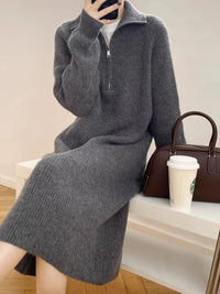 Zip-up Lapel Knitted dress Women Autumn and Winter Retro Long Turtleneck Sweater Dress Straight Thickened Long sleeve Base Skirt