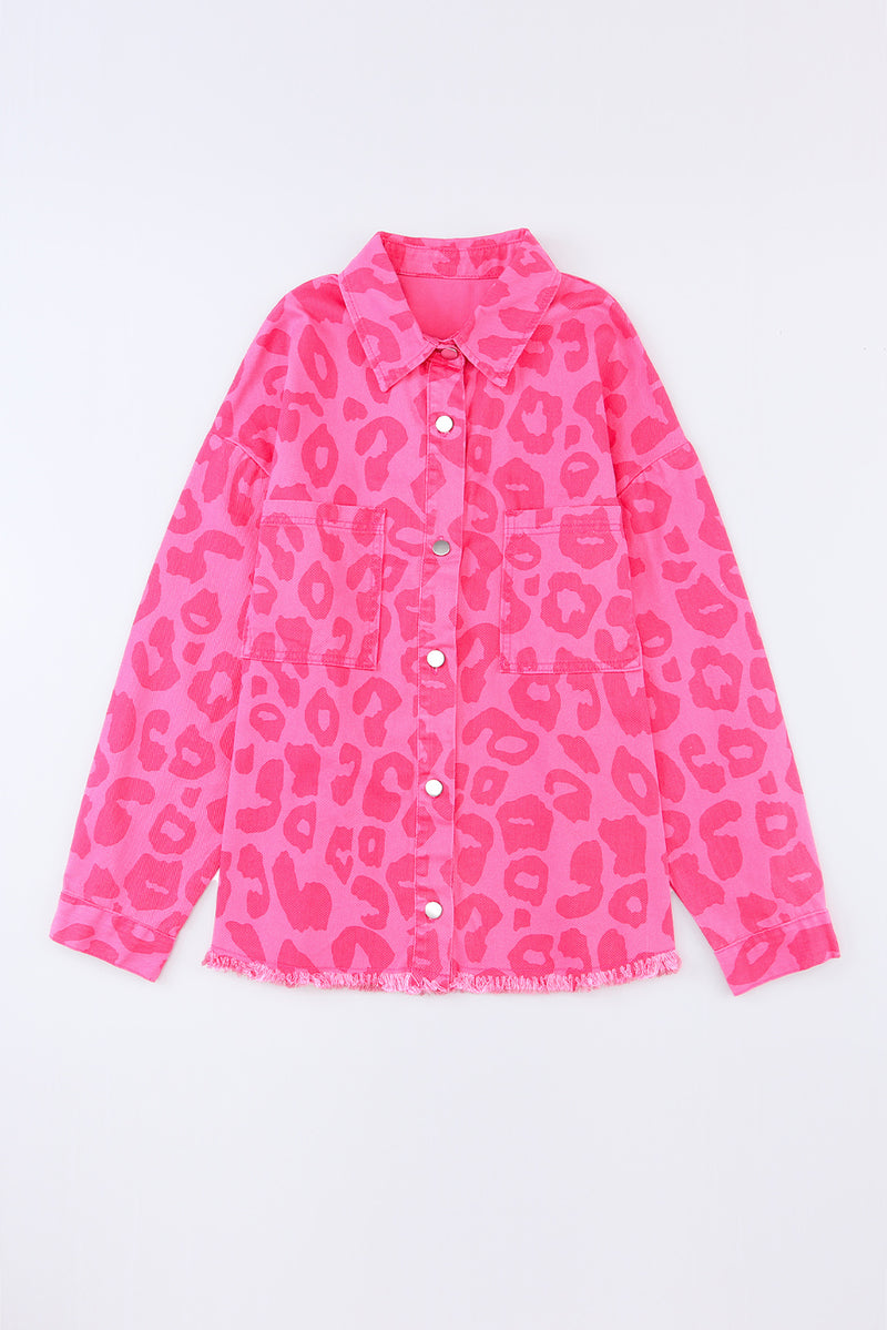 Pink Leopard Print Button Cuffs Raw Hem Jacket