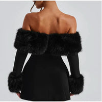 2024 Winter Black Strapless Fluff Sexy Dress For Women's Robes Elegant Evening Party Dress Bodycon Mini Autumn Dresses Vestidos