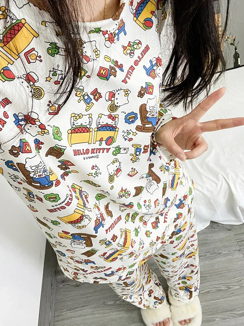 Women's Loose Round Neck Cute Kitty Homewear Pajamas Women's Simple Leisure Long Sleeve Long Pants Two-piece Suit Pajamas  Women