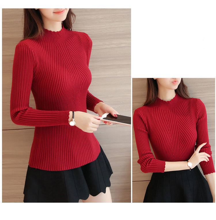 EVNISI Autumn Women Mock Neck Ruffles Sweater Long Sleeve Knitted Bottoming Solid Pullovers Stripe Women Casual Sweater Winter