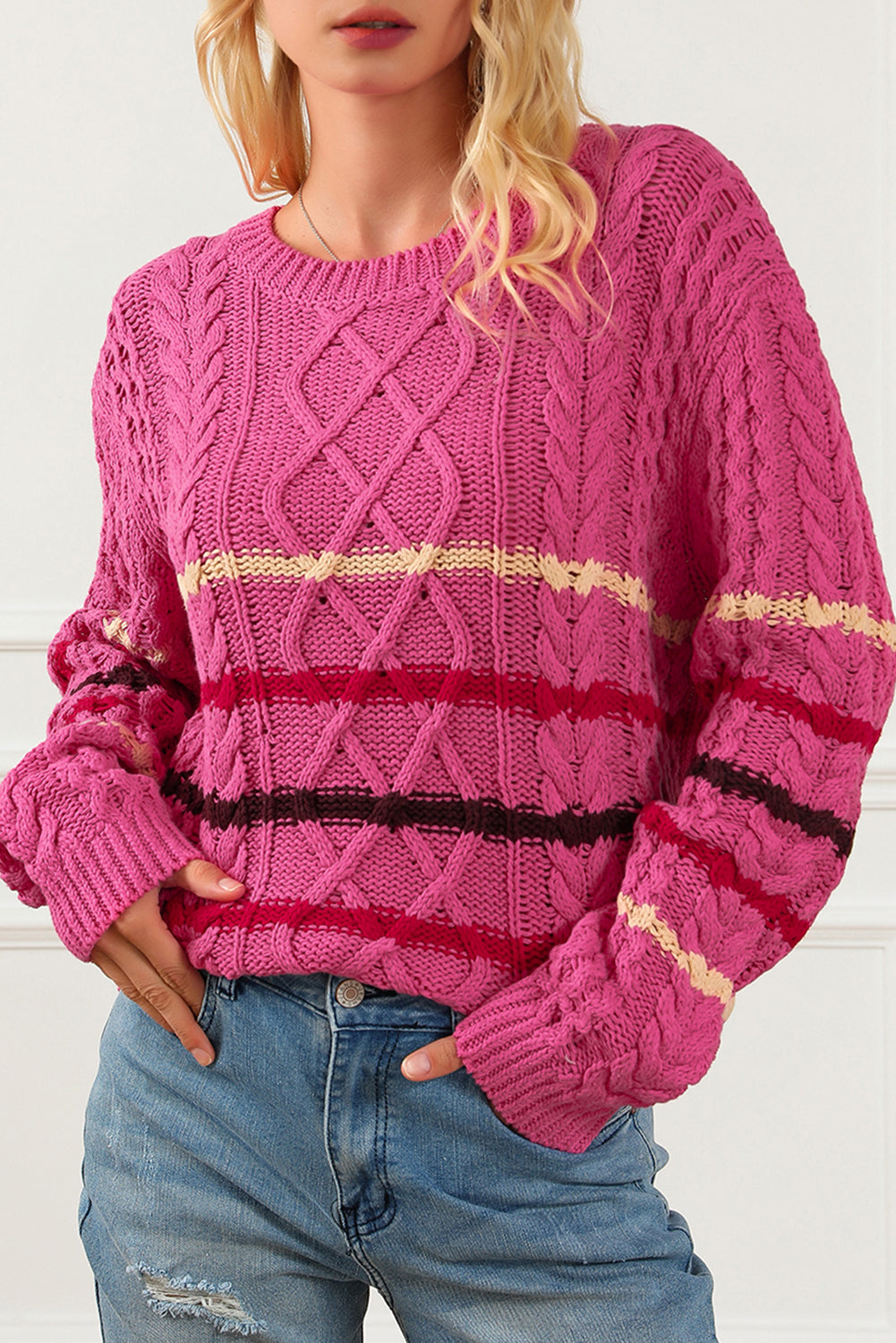 Rose Striped Color Block Textured Knit Pullover Sweater