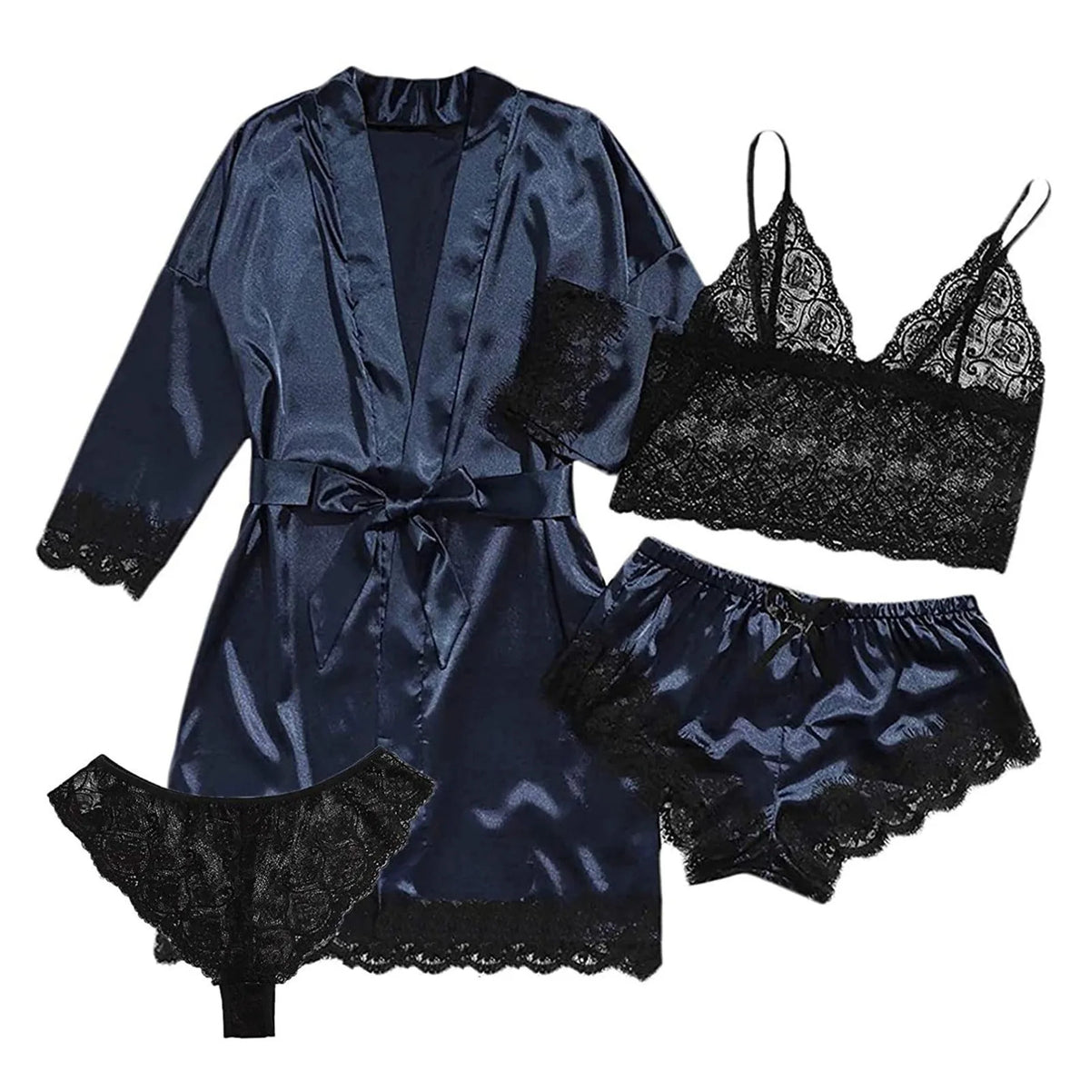 Women Fashion Pajama Print Sexy Lace Trim Faux Silk Satin Pajama Set Gown Skin Friendly Comfort Loungewear Sexy Pajamas