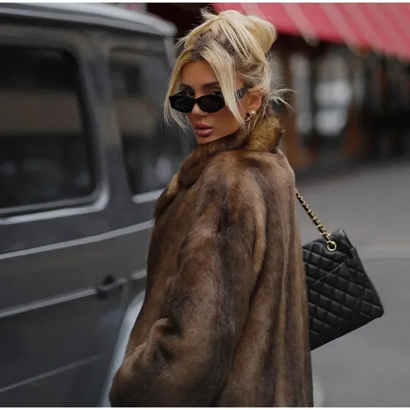 Dark Brown Faux Fur Long Overcoat For Women Fashion Lapel Single Breasted Loose Fluffy Plush Warm Coat Winter Thicken Outerwear