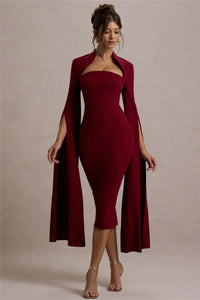 Mozision Cape Long Sleeve Sexy Midi Dress For Women Autumn Winter New Square Collar Back Slit Bodycon Club Party Long Dress