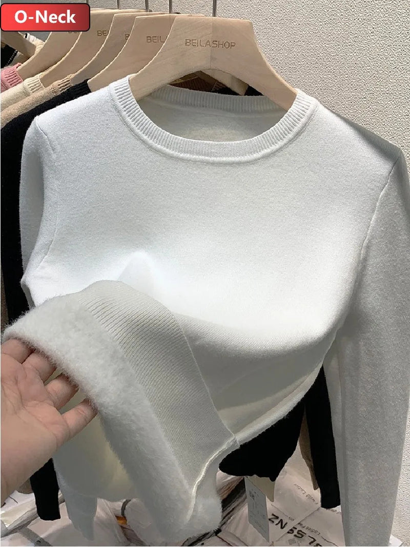 Sweater For Women Winter Thicken Turtleneck Slim Knit Pullover New Warm Plush Velvet Lined Knitwear Jumper Tops Casual Poleras