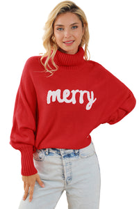 Blackish Green Merry Letter Embroidered High Neck Sweater