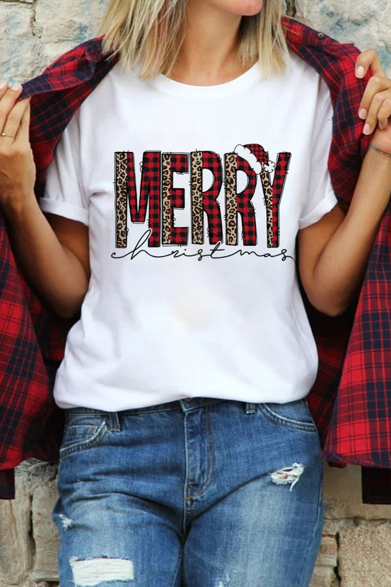 White Plaid Leopard MERRY Christmas Print T Shirt